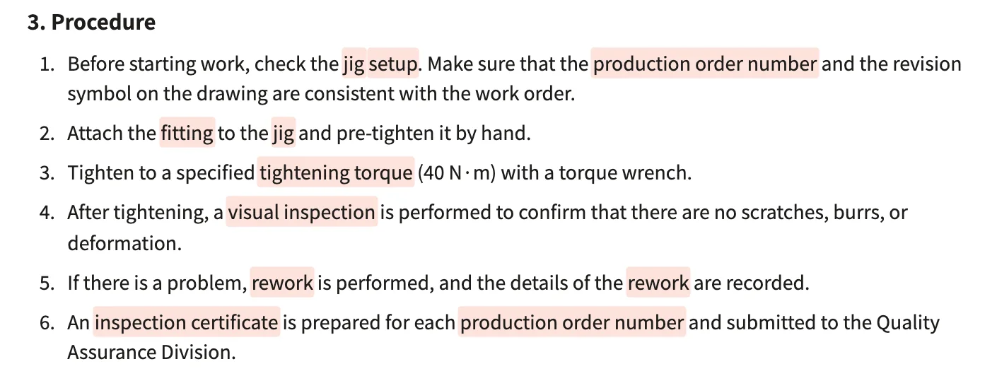 英語の手順6つ。jig・setup・production order number・fitting などの語に色