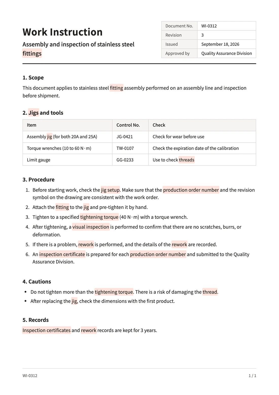 英語の作業手順書。同じ様式で、用語集の訳語に色が付いている