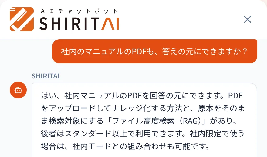 SHIRITAIのチャット画面。社内のマニュアルのPDFも答えの元にできるかという質問に、2つの方法と使えるプランを答えている
