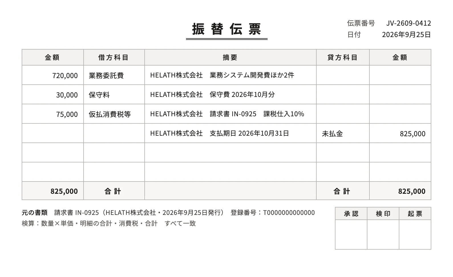 振替伝票。借方に業務委託費・保守料・仮払消費税等、貸方に未払金