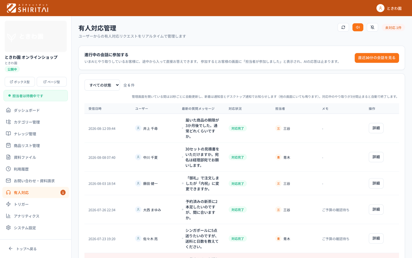 SHIRITAIの有人対応管理画面