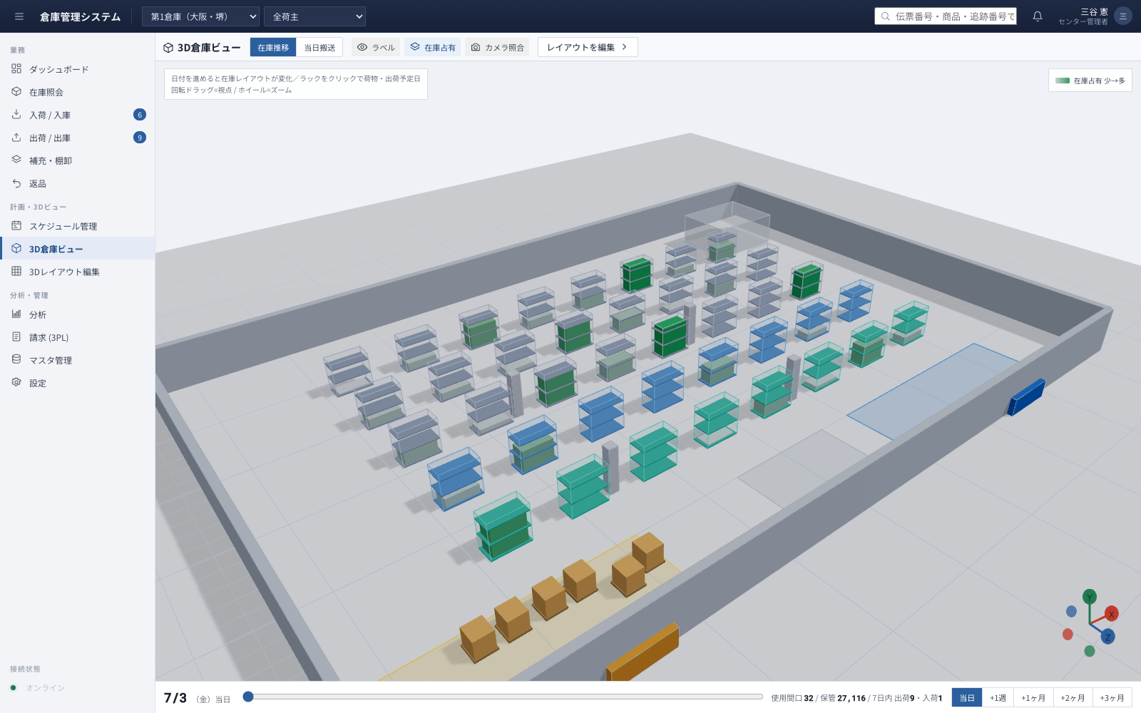 倉庫管理・3Dビューの画面