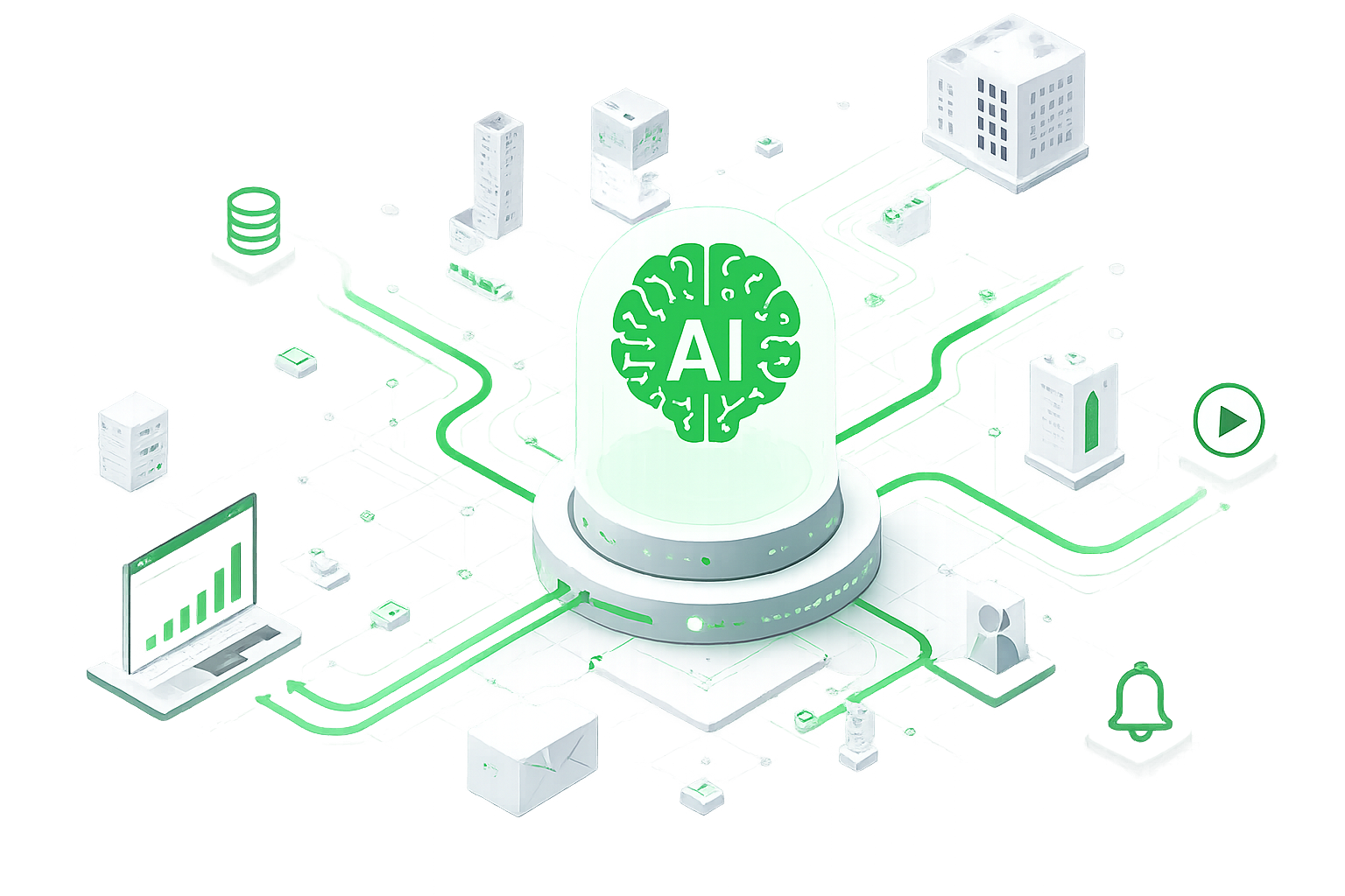 社内の様々なデータやシステムが中央のAI基盤につながっている図